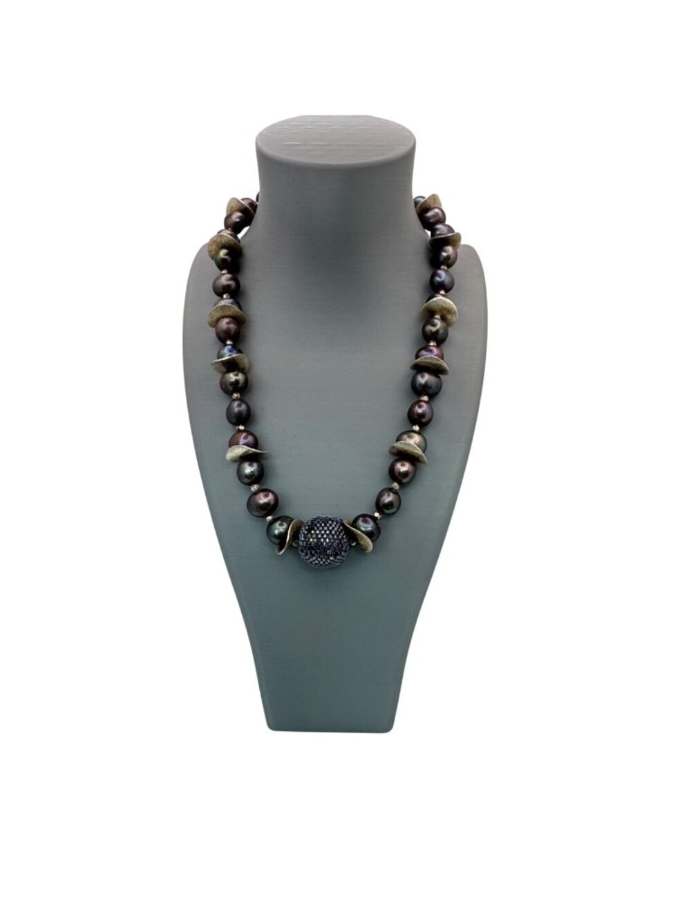 Baroque Black Pearl & Sterling Silver Necklace Statement Bead Accent 18" Vintage